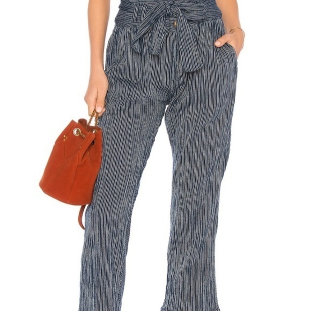 Women's Blue Belted Stripe Cotton Pants‎